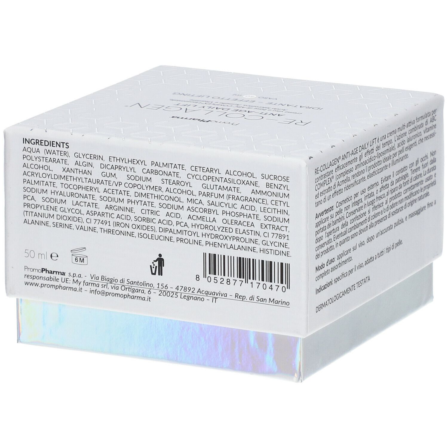 Scatola bianca Re-Collagen Anti-Age Daily Lift. Nome e logo. Scritto: IDRATANTE - EFFETTO LIFTING. Vaso 50 ml. Retro.