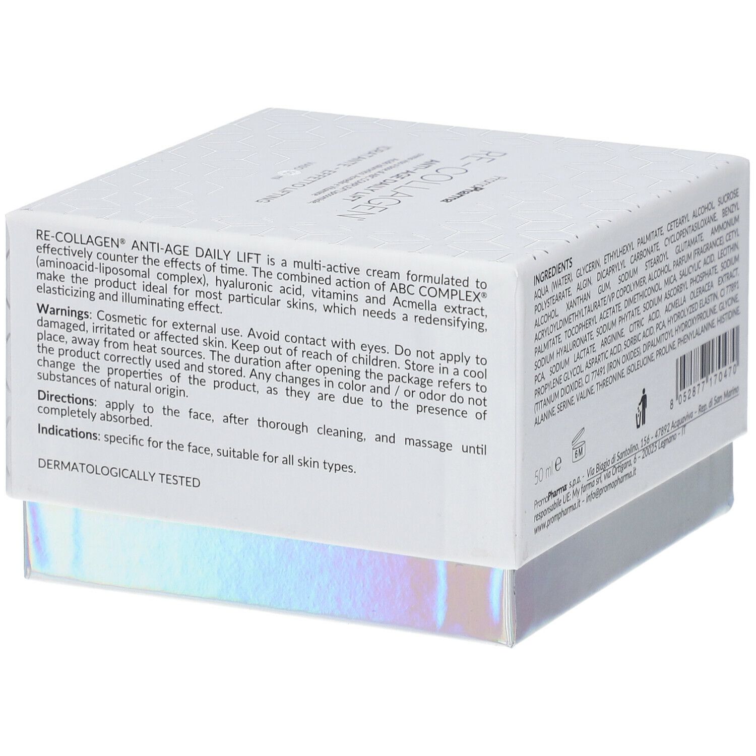 Scatola bianca Re-Collagen Anti-Age Daily Lift. Nome e logo. Scritto: IDRATANTE - EFFETTO LIFTING. Vaso 50 ml. Retro.