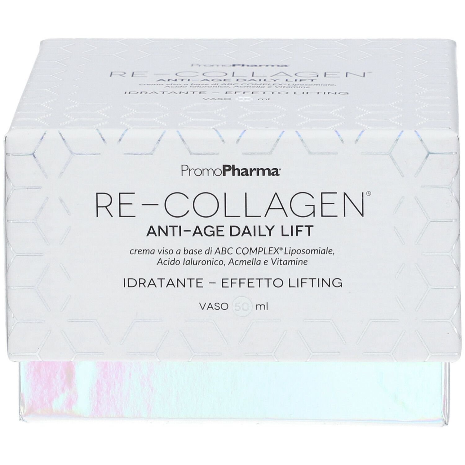 Scatola bianca Re-Collagen Anti-Age Daily Lift. Nome e logo. Scritto: IDRATANTE - EFFETTO LIFTING. Vaso 50 ml. Retro.
