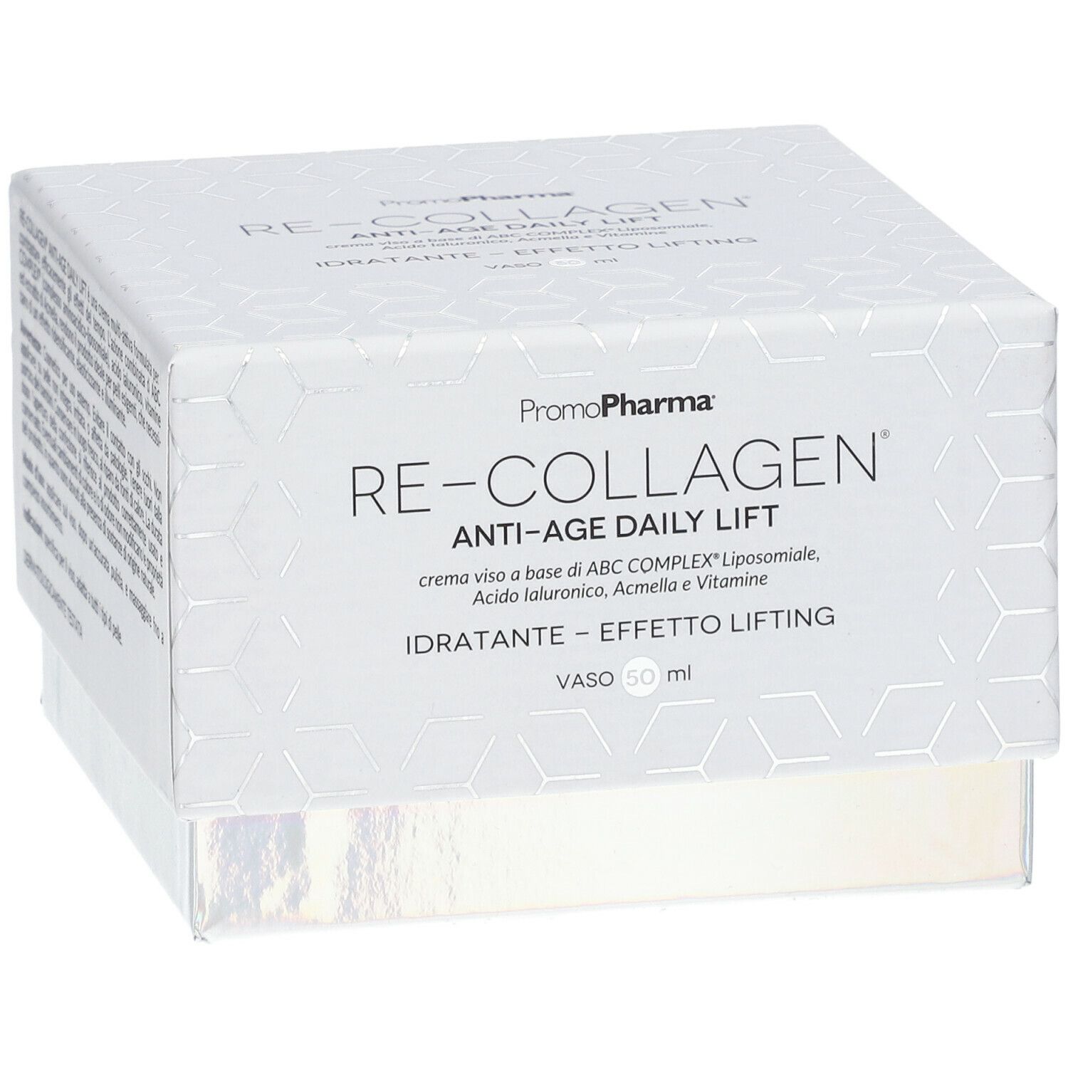 Scatola bianca Re-Collagen Anti-Age Daily Lift. Nome e logo. Scritto: IDRATANTE - EFFETTO LIFTING. Vaso 50 ml.