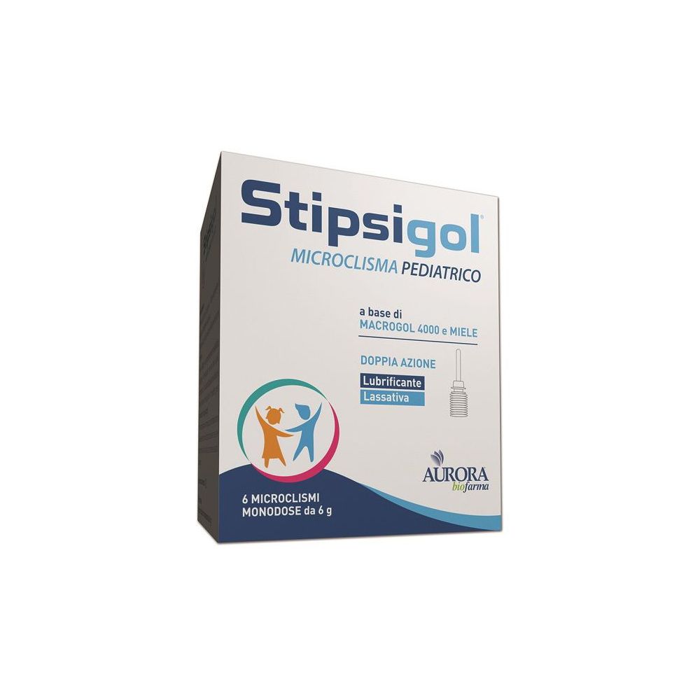 Confezione di Stipsigol Microclisma Pediatrico. Contiene 6 microclismi monodose. Scritte: Doppia Azione, a base di Macrogol 4000 e Miele, Aurora Biofarma.