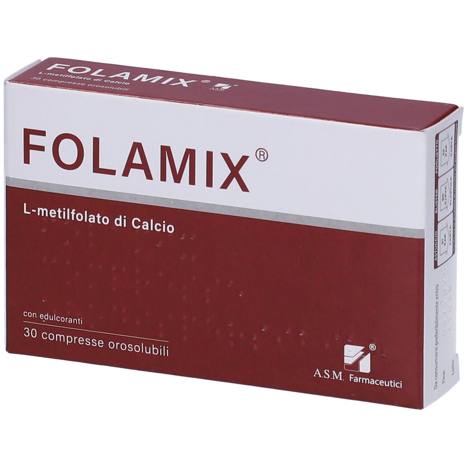 Scatola di compresse "Folamix". Confezione rossa e bianca. Contiene 30 compresse. Con "L-metilfolato di Calcio".