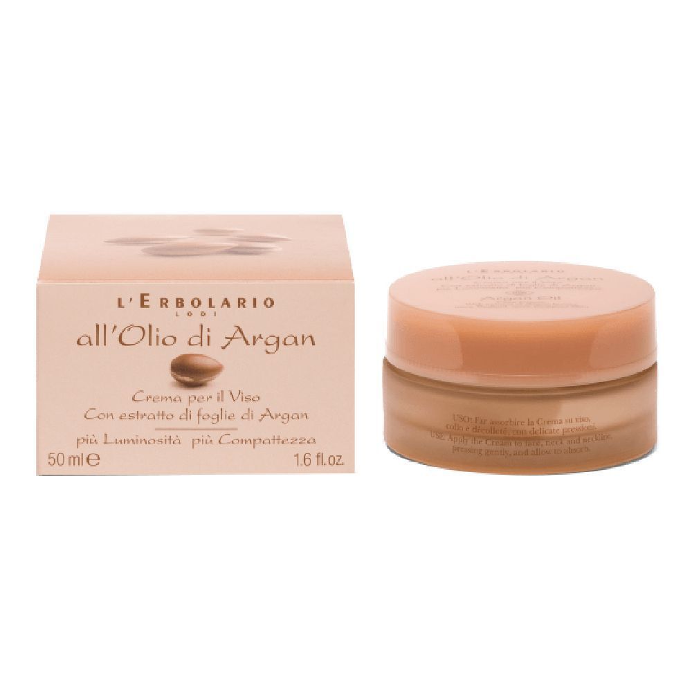 Crema e confezione L'Erbolario all'Olio di Argan. Crema per il viso, 50 ml. Con olio di Argan ed estratto di foglie.