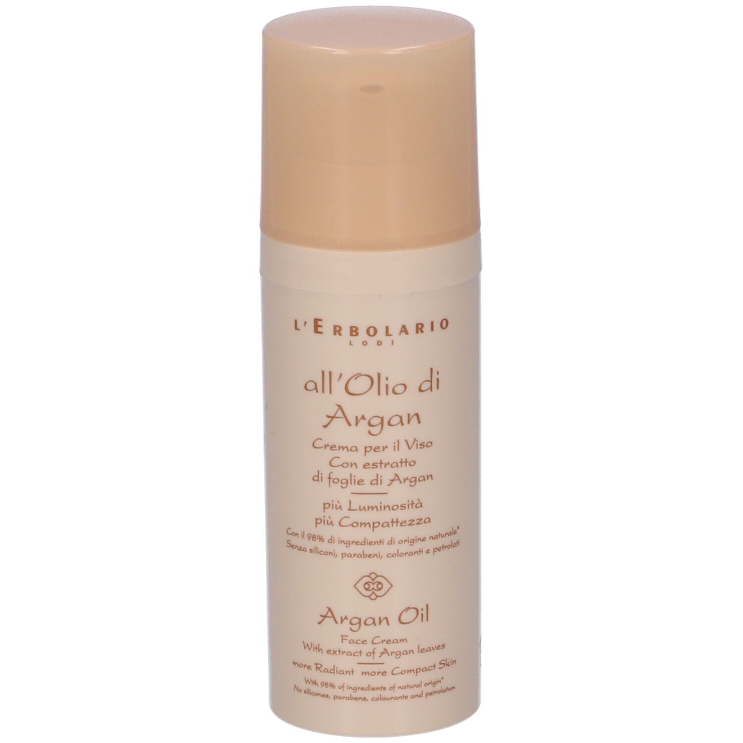 Crema viso L'Erbolario all'Olio di Argan. Flacone con tappo beige. Con olio di Argan ed estratto di foglie.