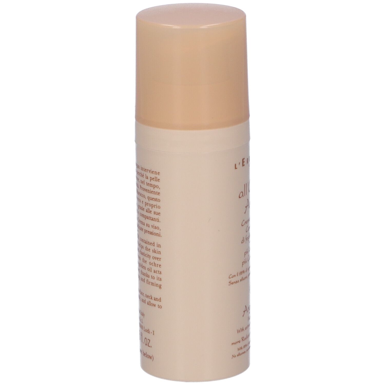 Retro del flacone di crema viso L'Erbolario all'Olio di Argan. Testo in italiano e inglese.