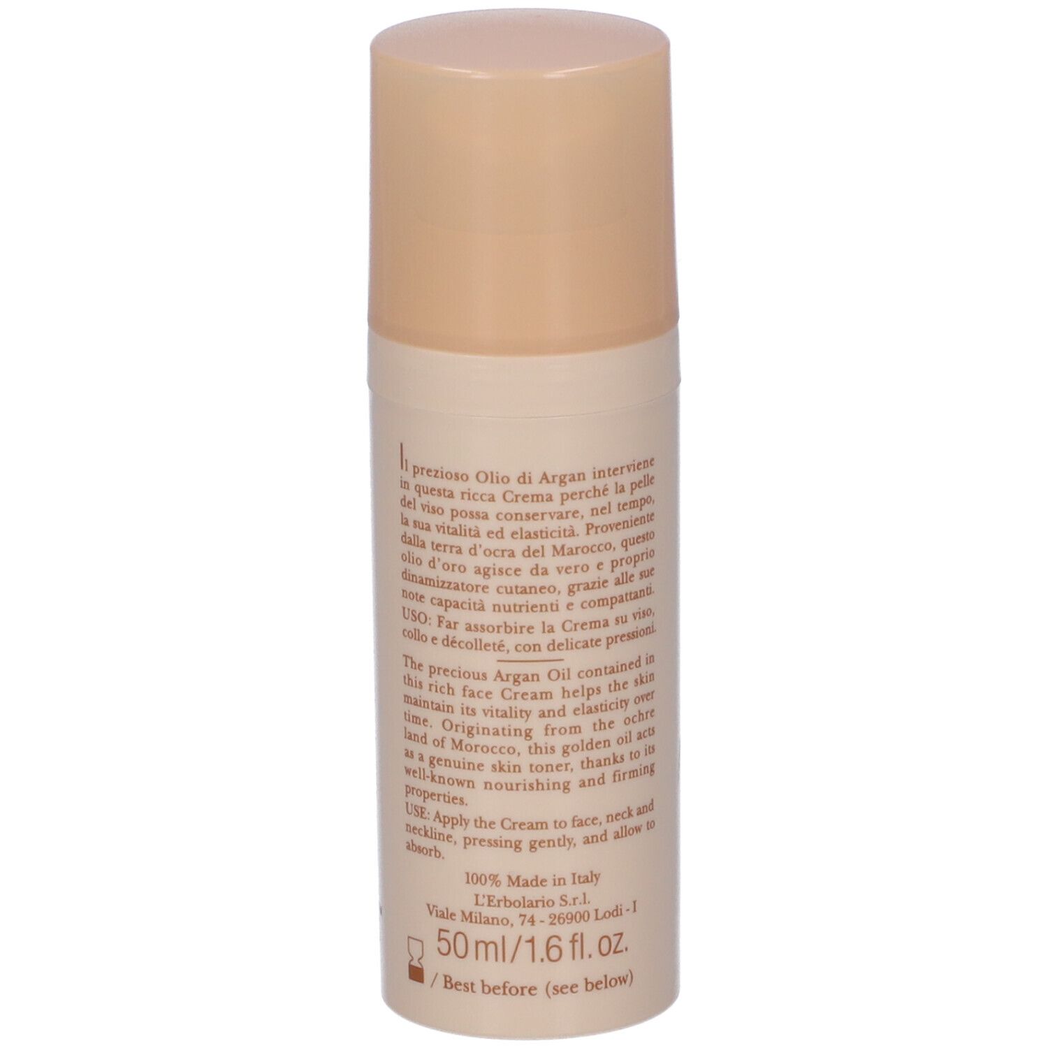 Lato del flacone di crema viso L'Erbolario all'Olio di Argan. Testo in italiano e inglese.