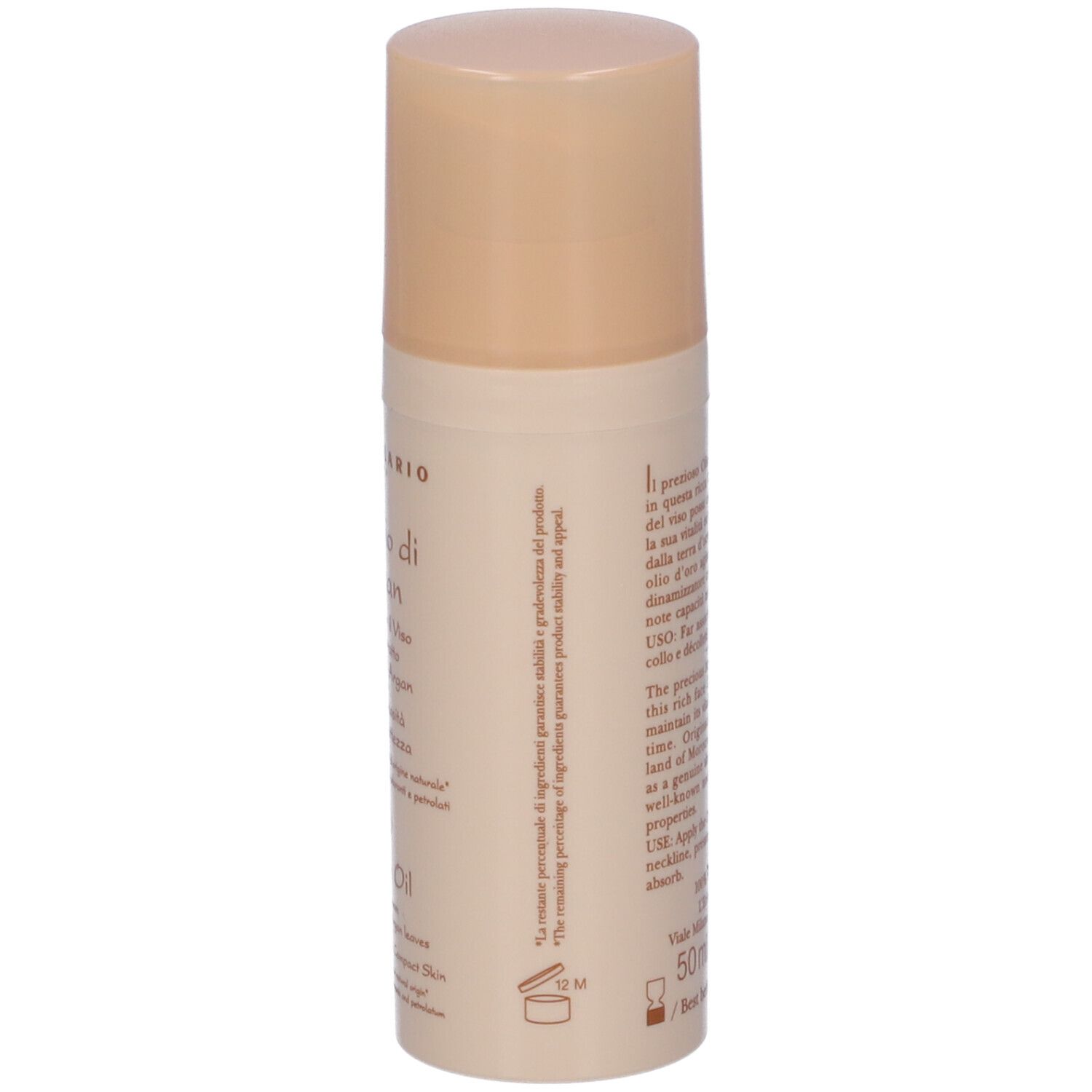 Flacone di crema viso L'Erbolario all'Olio di Argan. Testo in italiano e inglese. 50 ml.