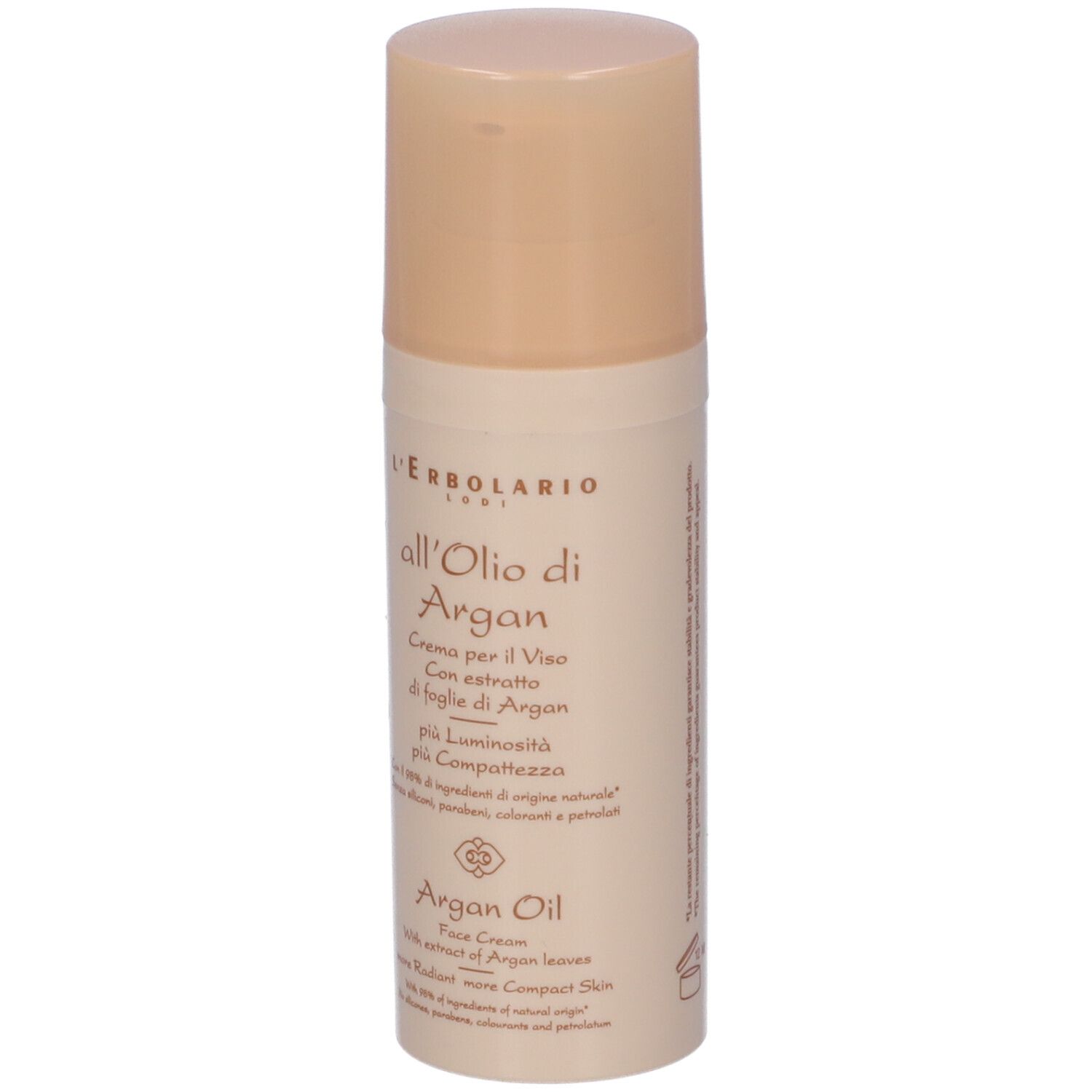 Flacone di crema viso L'Erbolario all'Olio di Argan. Testo in italiano e inglese. 50 ml.