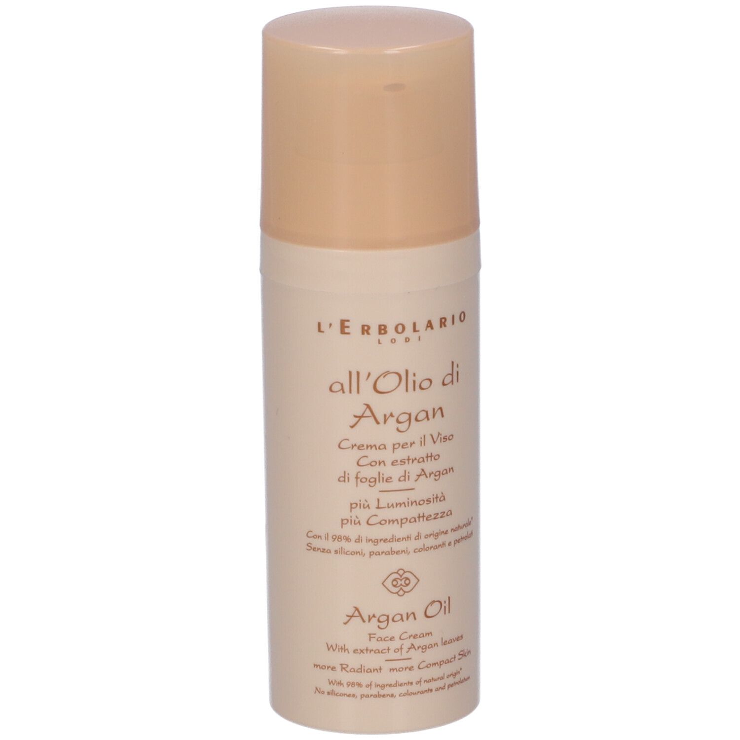 Flacone di crema viso L'Erbolario all'Olio di Argan. Testo in italiano e inglese. 50 ml.