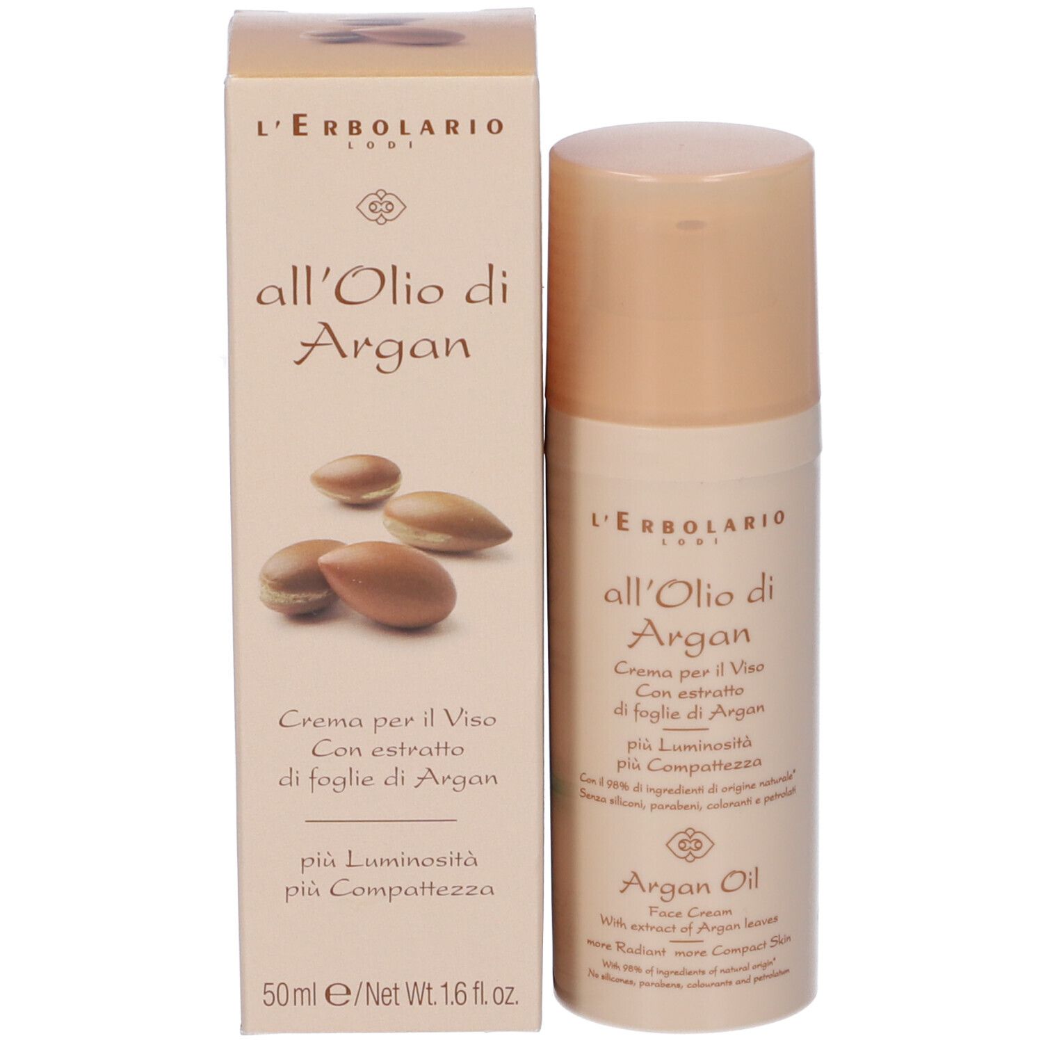 Crema viso L'Erbolario all'Olio di Argan e confezione. Crema per il viso, 50 ml.