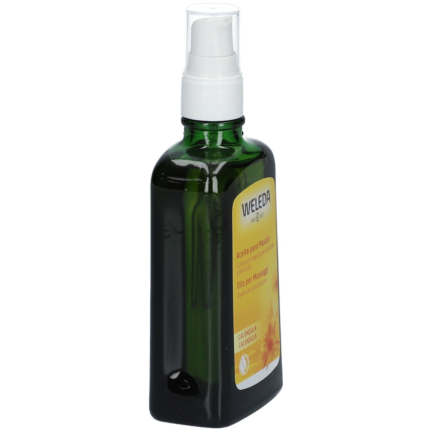 Flacone di vetro verde con erogatore bianco. Etichetta gialla con testo. Marca: Weleda.
