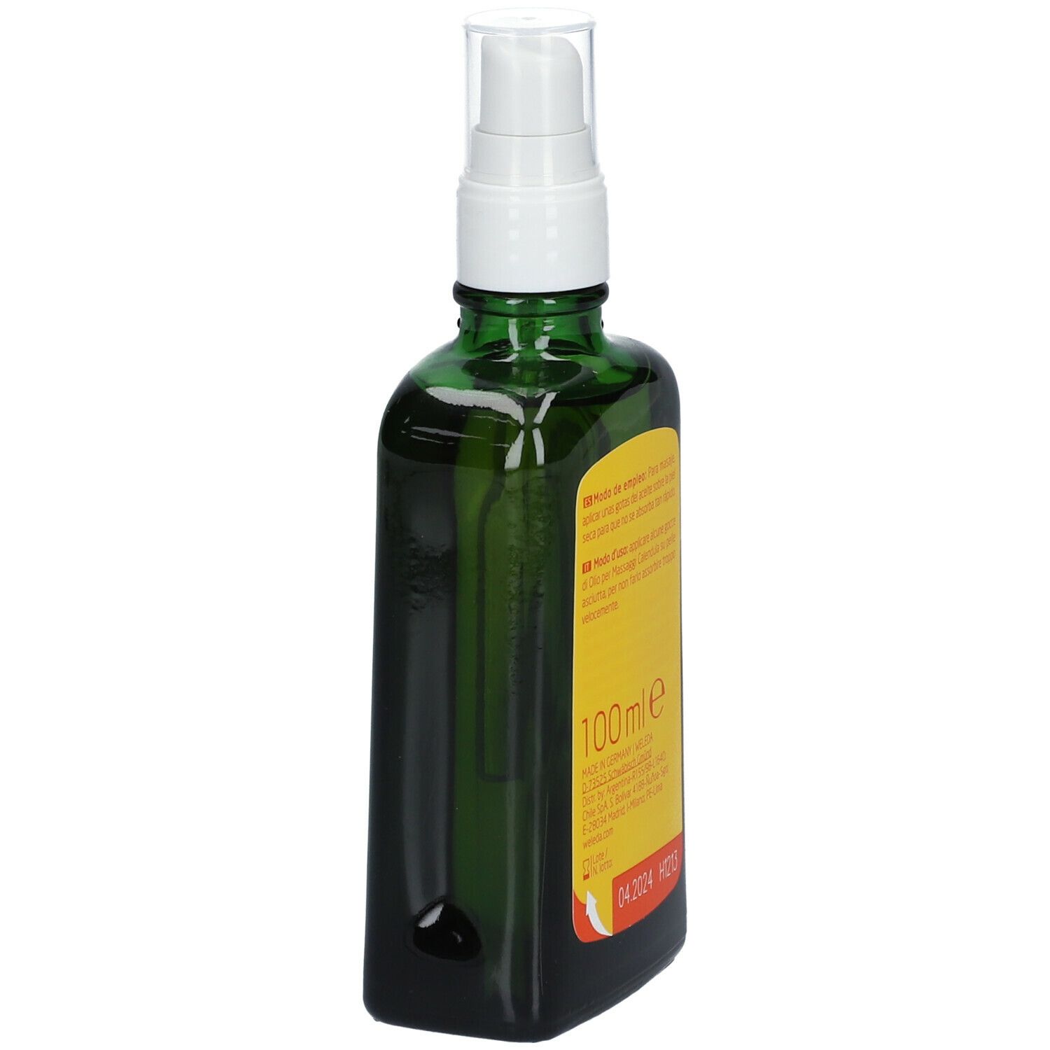 Flacone di vetro verde con erogatore bianco. Etichetta gialla con testo e 100ml. Marca: Weleda.