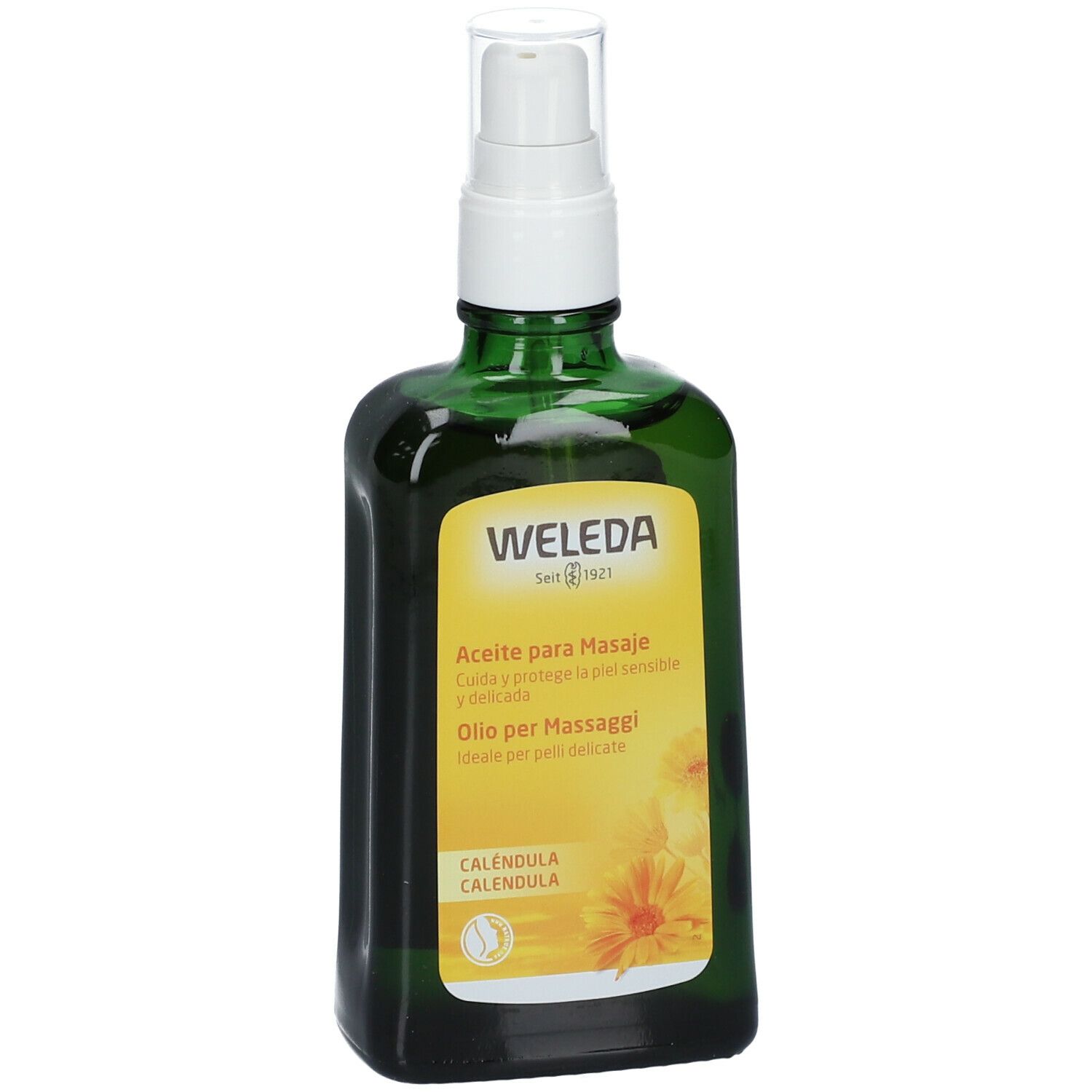 Flacone di vetro verde con erogatore bianco. Etichetta gialla con testo e fiori. Marca: Weleda.