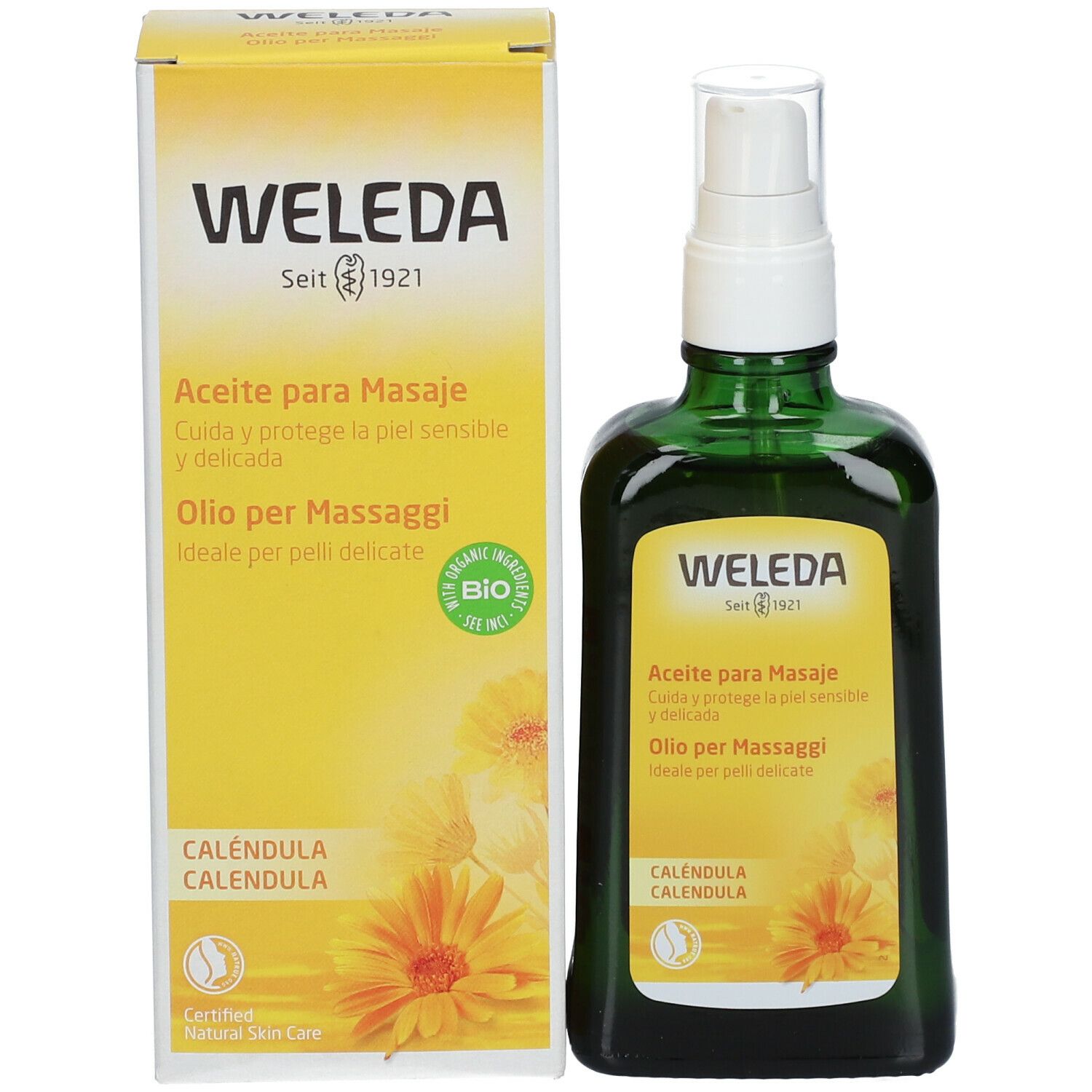 Flacone verde con erogatore bianco e confezione gialla. Marca: Weleda. Sigillo bio.