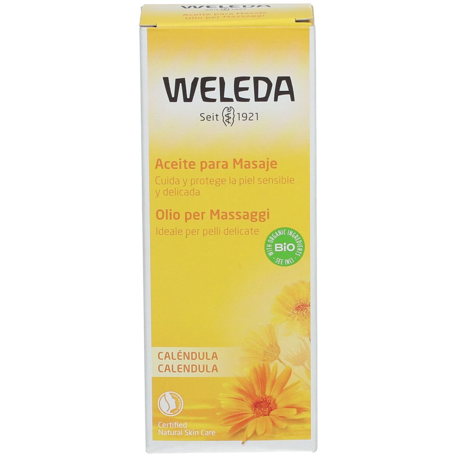 Confezione gialla con testo e fiori. Marca: Weleda. Sigillo bio.