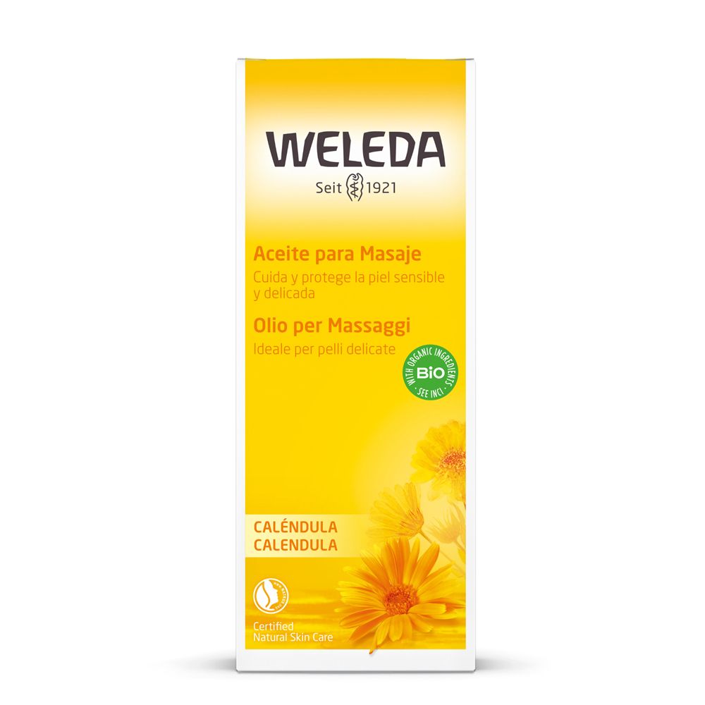 Hohe, gelbe Verpackung mit Text und Blüten. Marke: Weleda. Bio-Siegel und Zertifizierung.