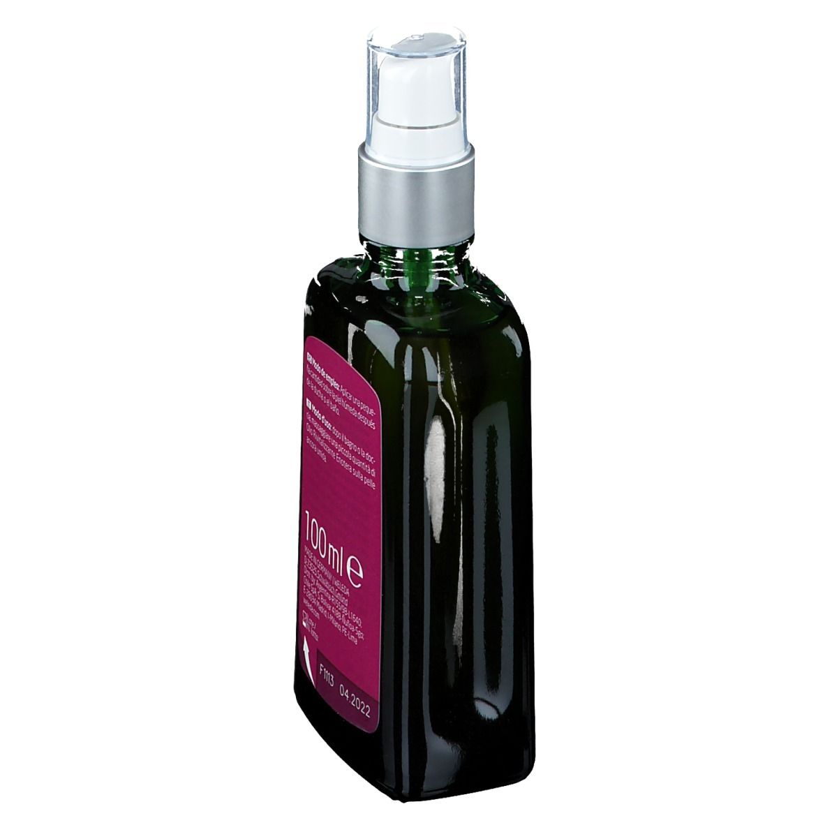 Flacone in vetro verde con erogatore. Retro con testo e indicazione 100ml. Data di produzione.