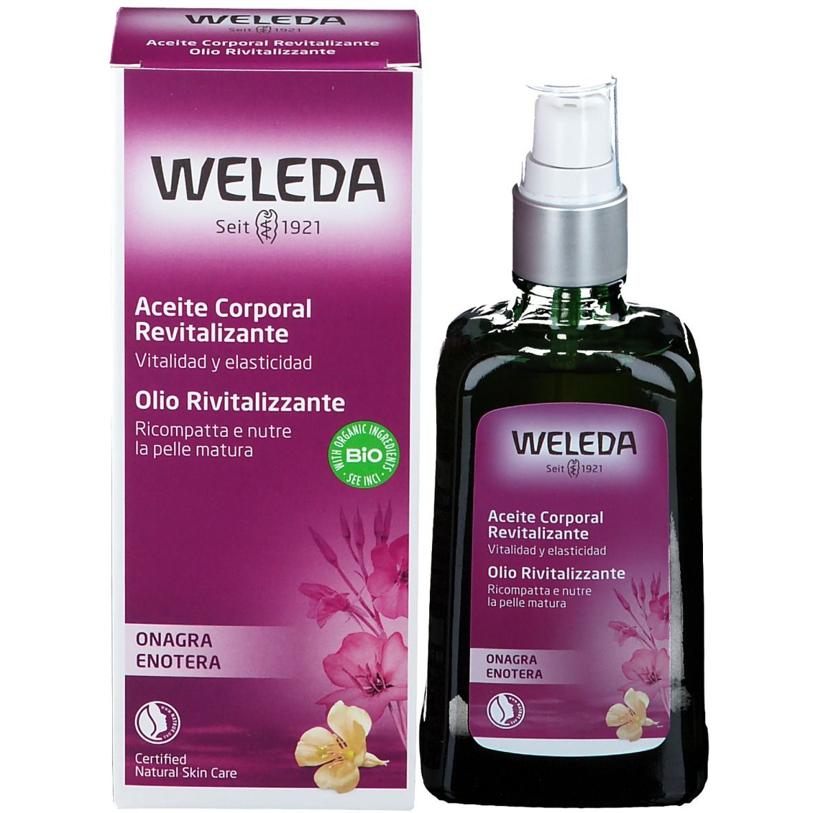 Prodotto Weleda con confezione. Flacone in vetro verde con erogatore. Confezione viola accanto.