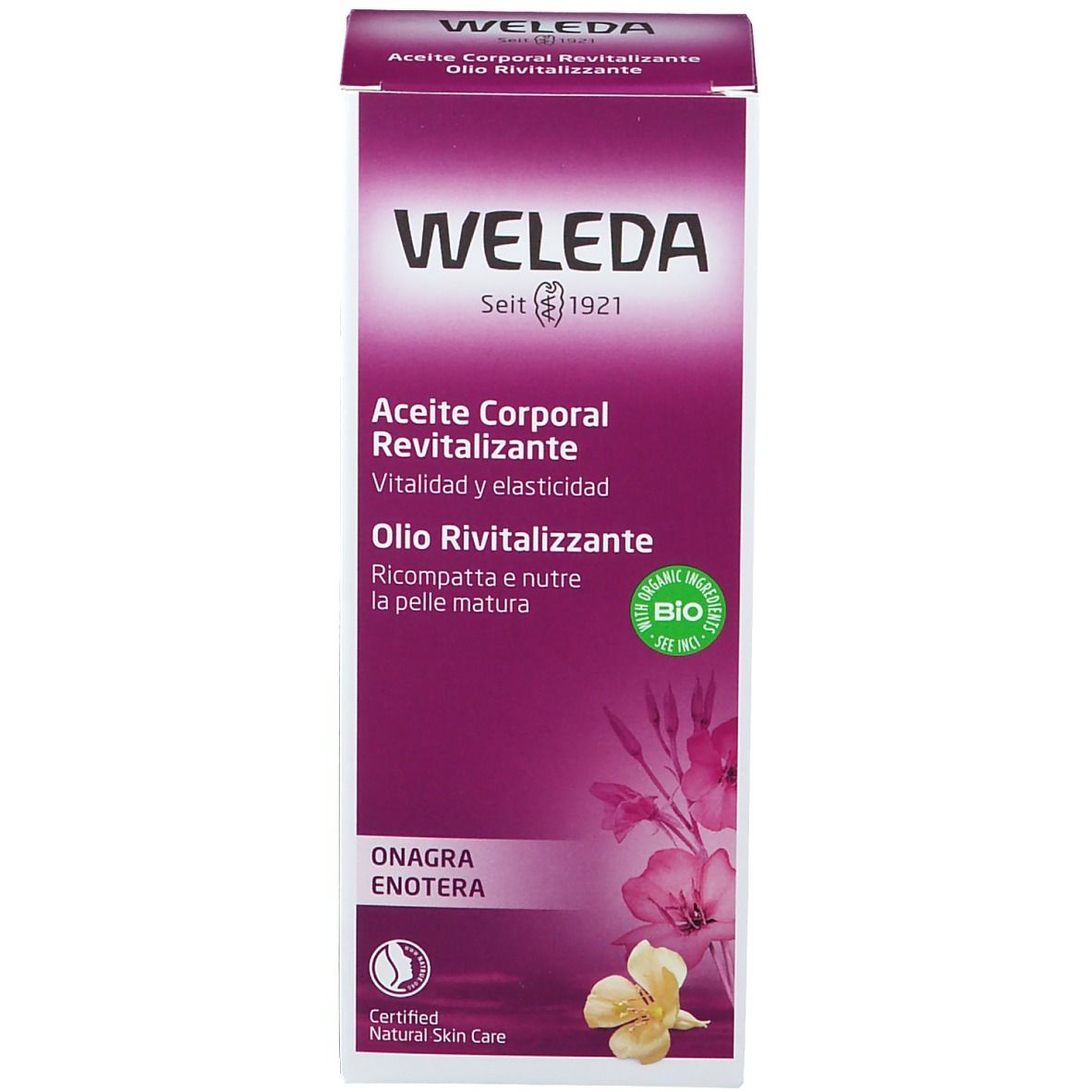 Confezione Weleda. Design viola e bianco con nome e logo del prodotto. Certificazione biologica.