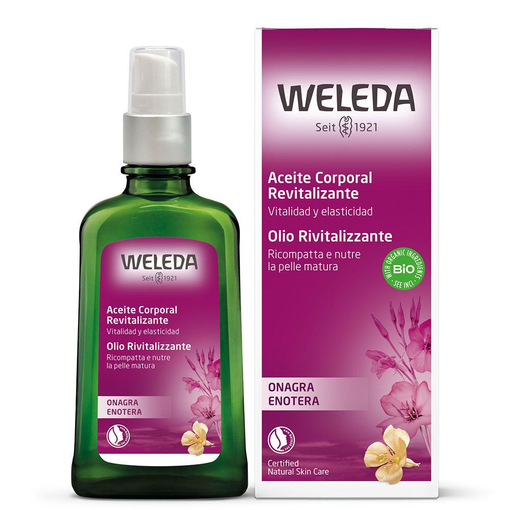 Prodotto Weleda con confezione. Flacone in vetro verde con erogatore. Confezione viola accanto.