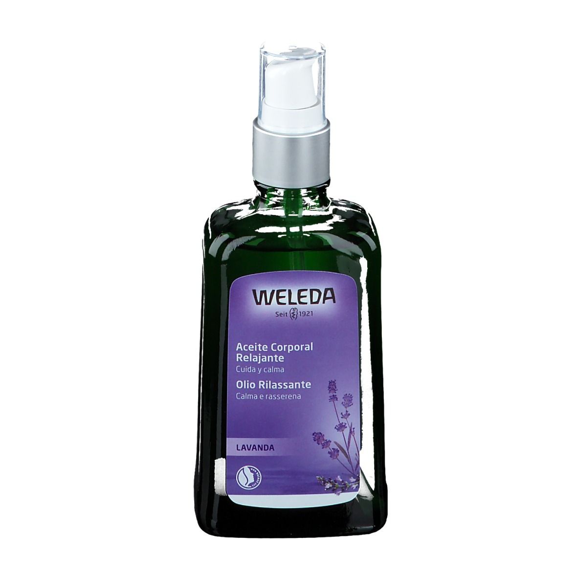 Weleda Olio Rilassante Lavanda. Bottiglia di vetro verde con vaporizzatore. Nome e logo.