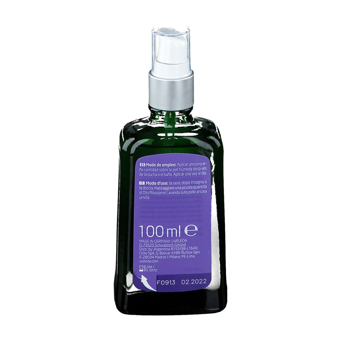 Weleda Olio Rilassante Lavanda. Retro della bottiglia con testo. 100 ml.