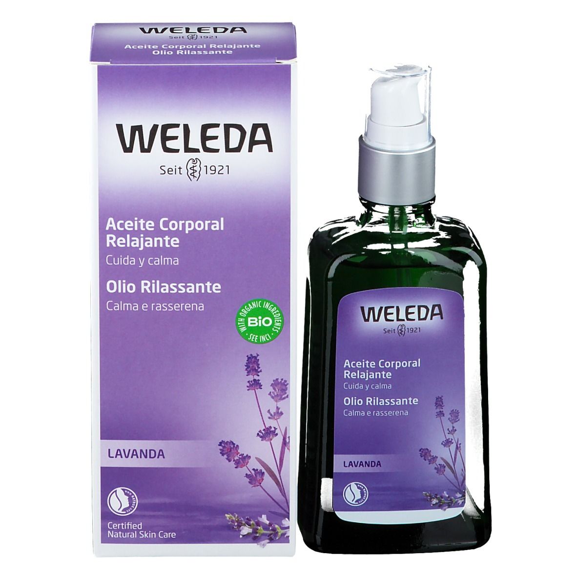 Weleda Olio Rilassante Lavanda e confezione. Bottiglia verde con vaporizzatore e confezione viola.