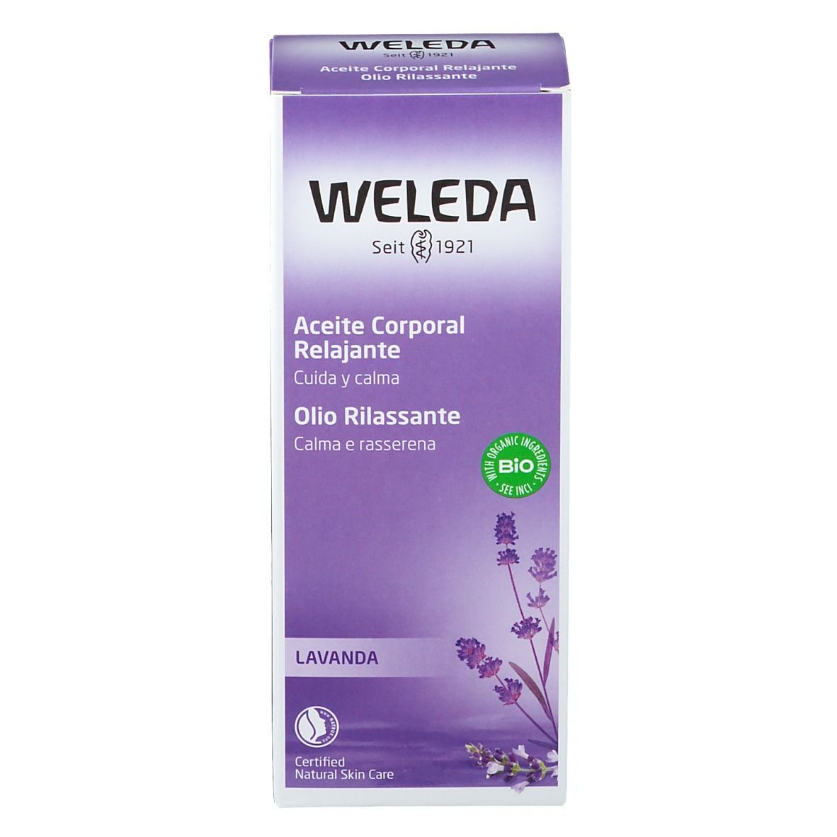 Weleda Olio Rilassante Lavanda. Confezione viola. Nome del prodotto e logo. Certificazione bio.