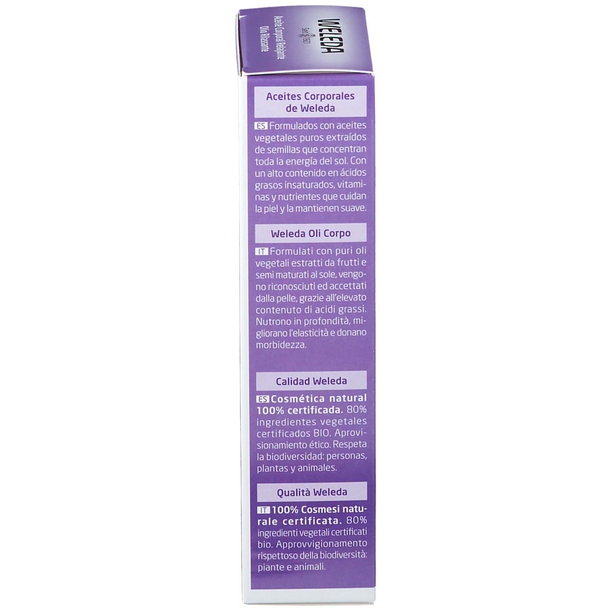 Weleda Olio Rilassante Lavanda. Confezione, testo sugli ingredienti e la qualità.