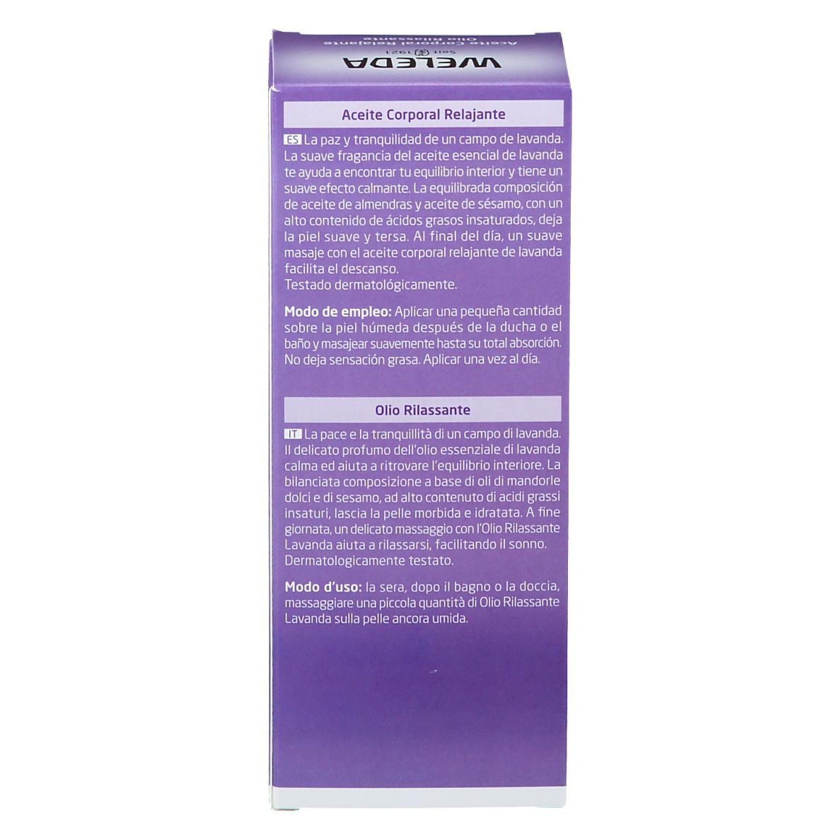Weleda Olio Rilassante Lavanda. Confezione, testo sull'uso e gli ingredienti.