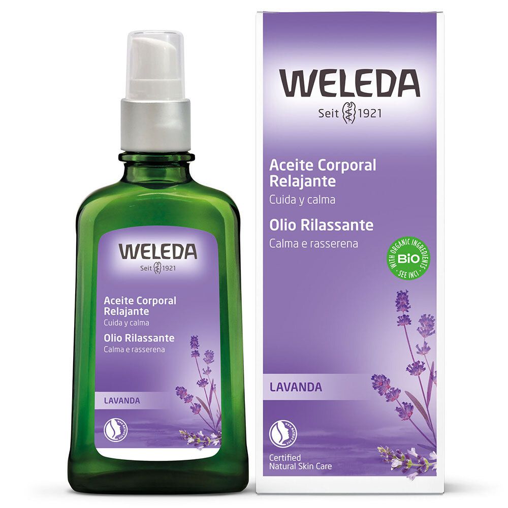 Weleda Olio Rilassante Lavanda. Bottiglia di vetro verde con vaporizzatore. Nome e logo. Certificazione bio.