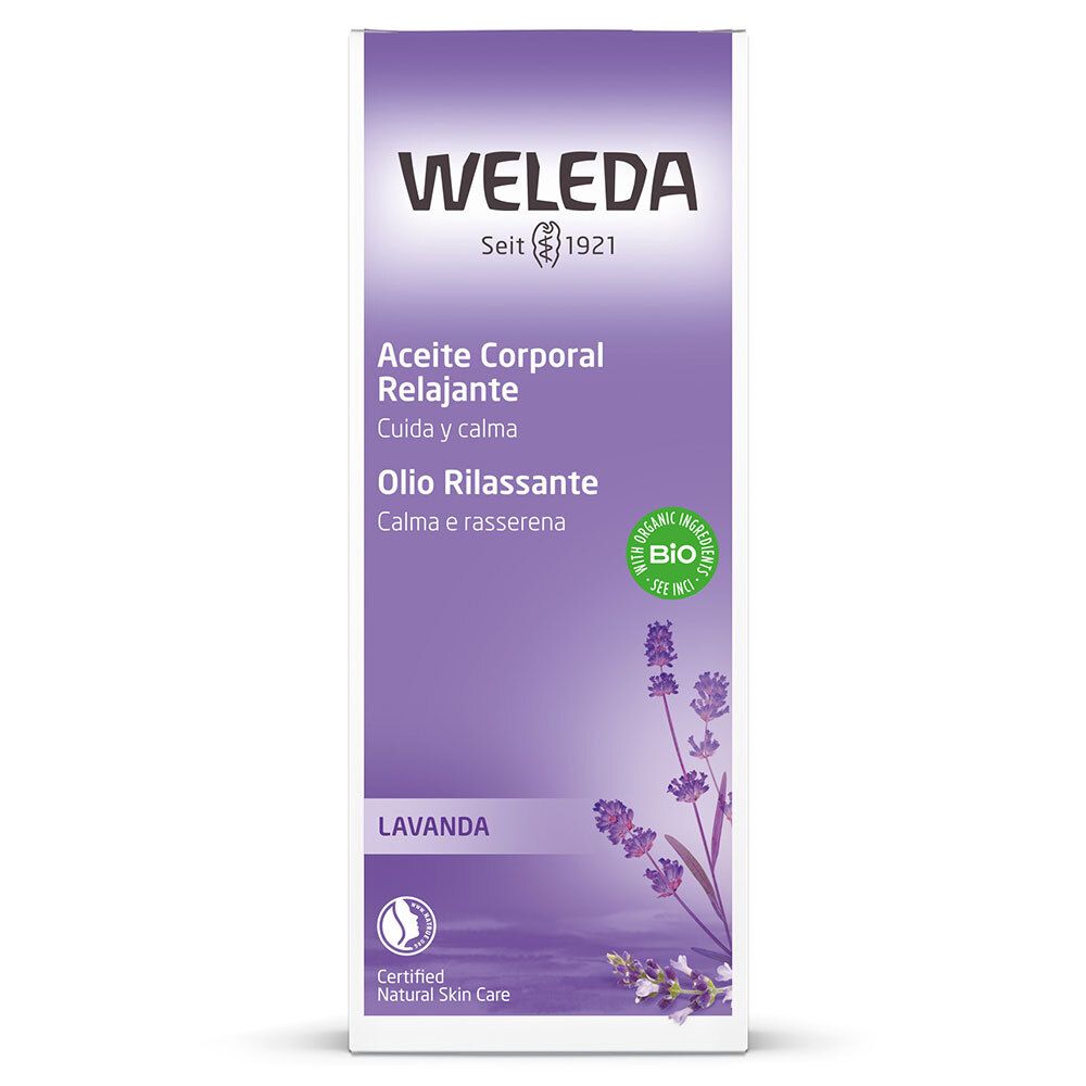 Weleda Olio Rilassante Lavanda. Confezione viola. Nome del prodotto e logo. Certificazione bio.