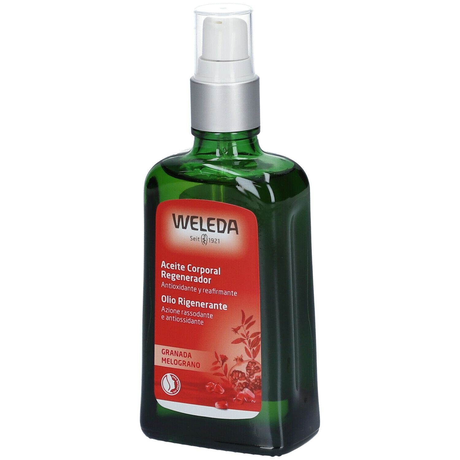 Flacone di vetro verde con vaporizzatore. Etichetta rossa con nome del prodotto e logo Weleda. Certificazione bio.