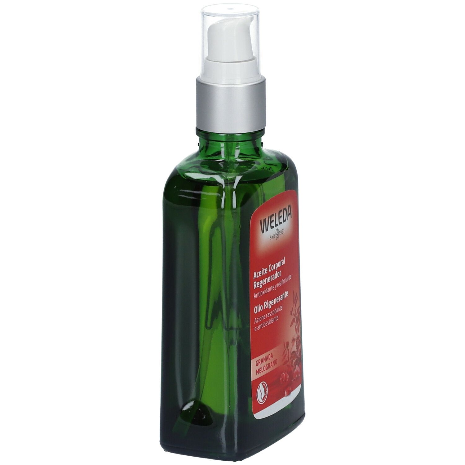 Flacone di vetro verde con vaporizzatore. Etichetta rossa con nome del prodotto e logo Weleda. Certificazione bio.