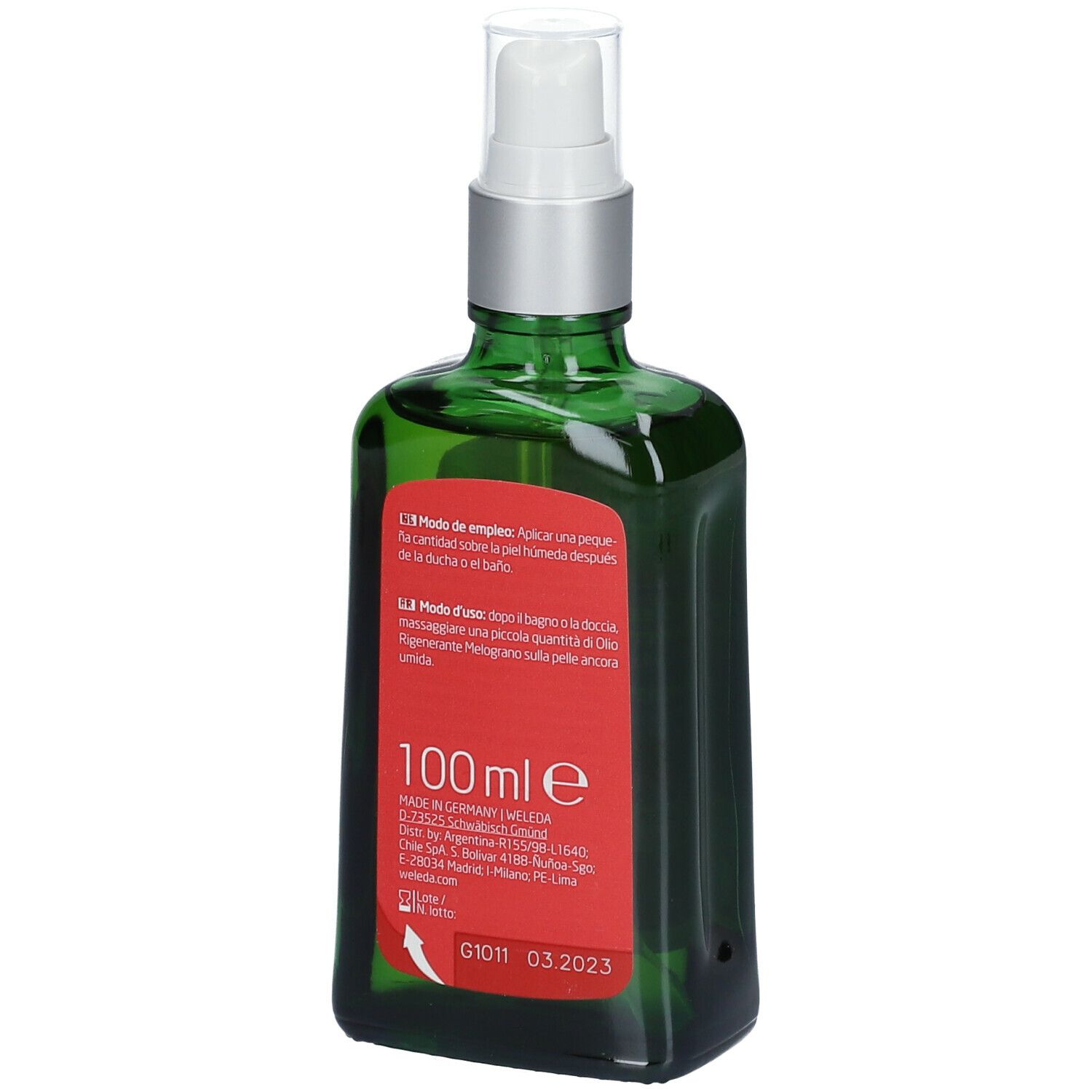 Flacone verde con vaporizzatore. Etichetta rossa con nome e logo Weleda. 100ml. Certificazione bio.
