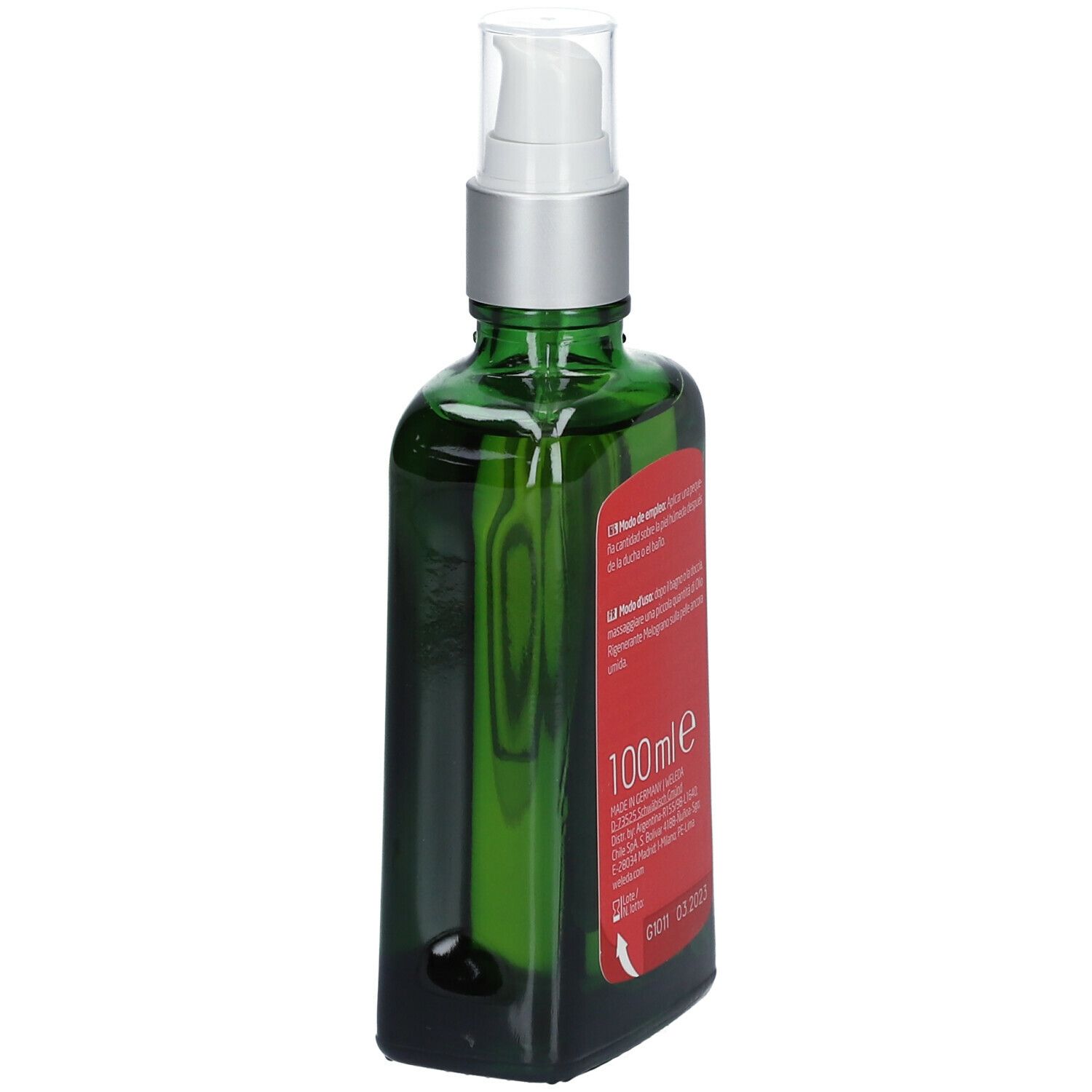 Flacone verde con vaporizzatore. Etichetta rossa con nome e logo Weleda. 100ml. Certificazione bio.