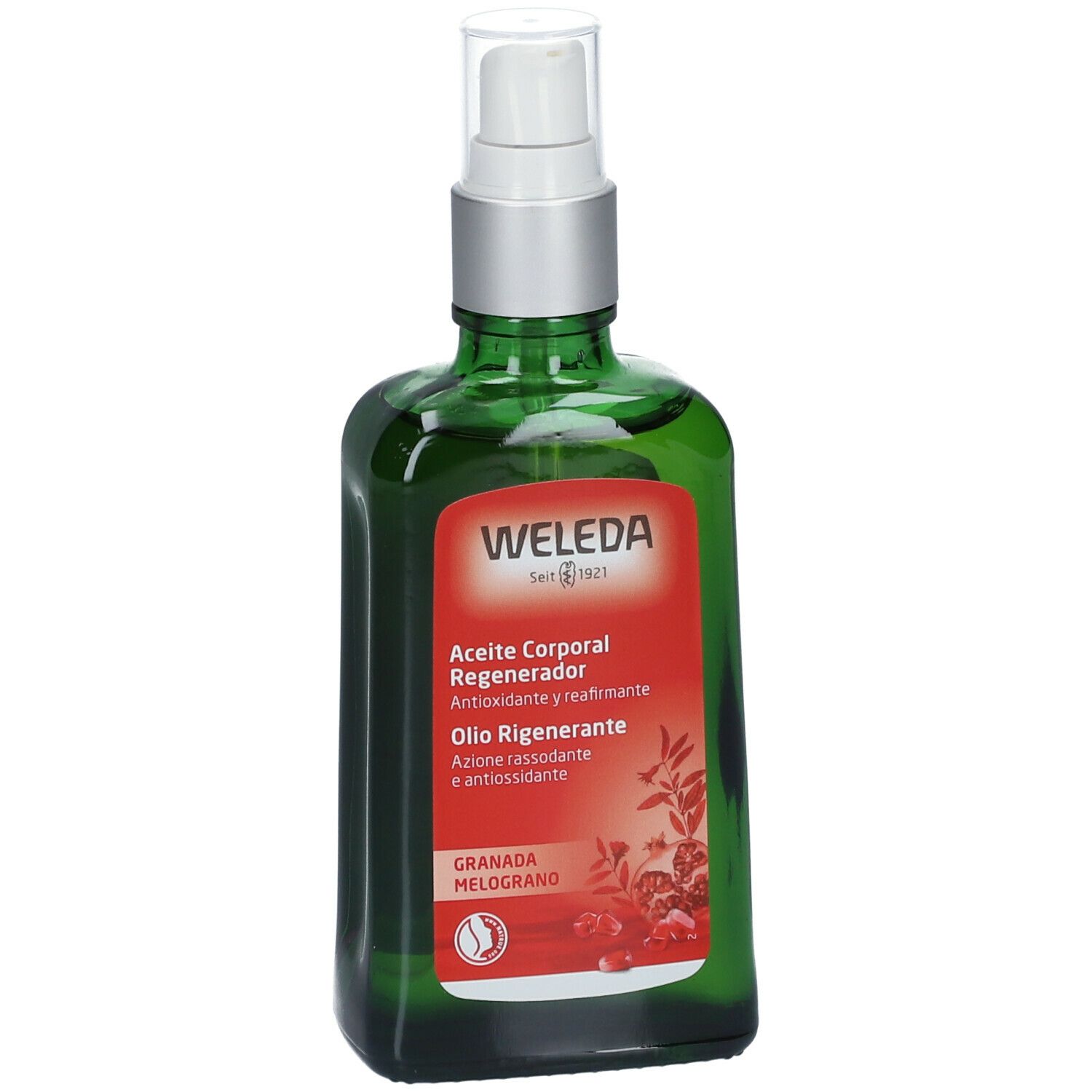 Flacone di vetro verde con vaporizzatore. Etichetta rossa con nome del prodotto e logo Weleda. Certificazione bio.