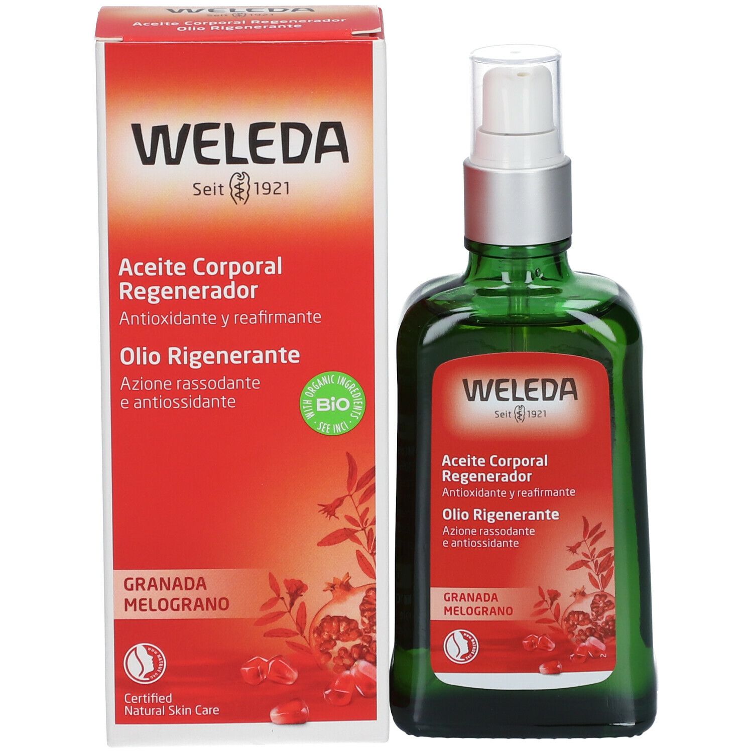 Flacone di vetro verde con vaporizzatore e confezione rossa. Logo Weleda e nome prodotto. Certificazione bio.
