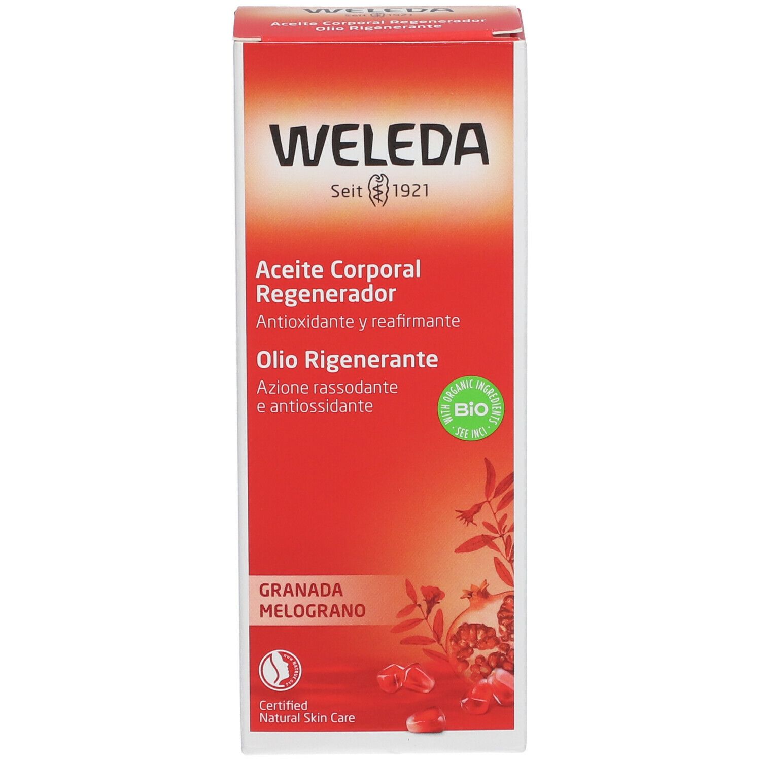 Confezione Weleda. Scatola rossa con nome e informazioni sul prodotto. Certificazione biologica.