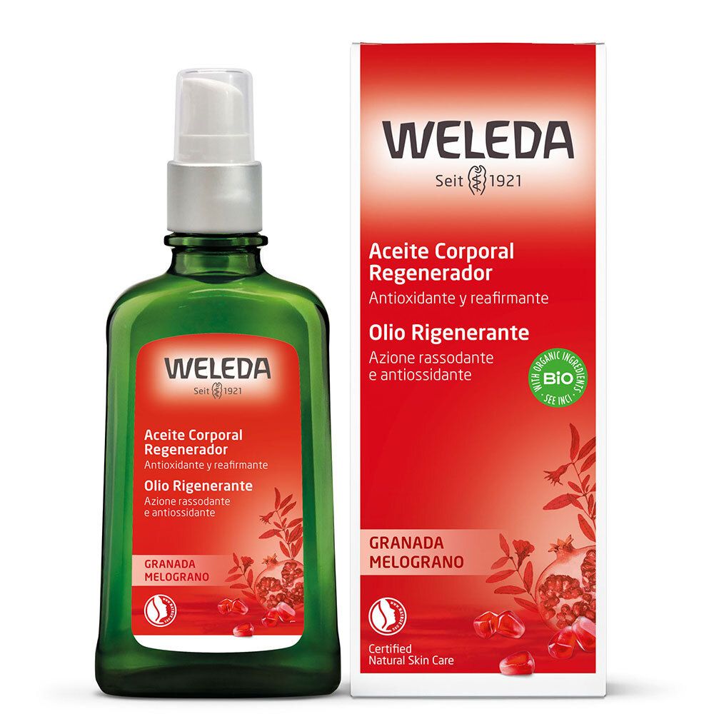 Flacone di vetro verde con vaporizzatore ed etichetta rossa. Logo Weleda e nome del prodotto. Certificazione bio.