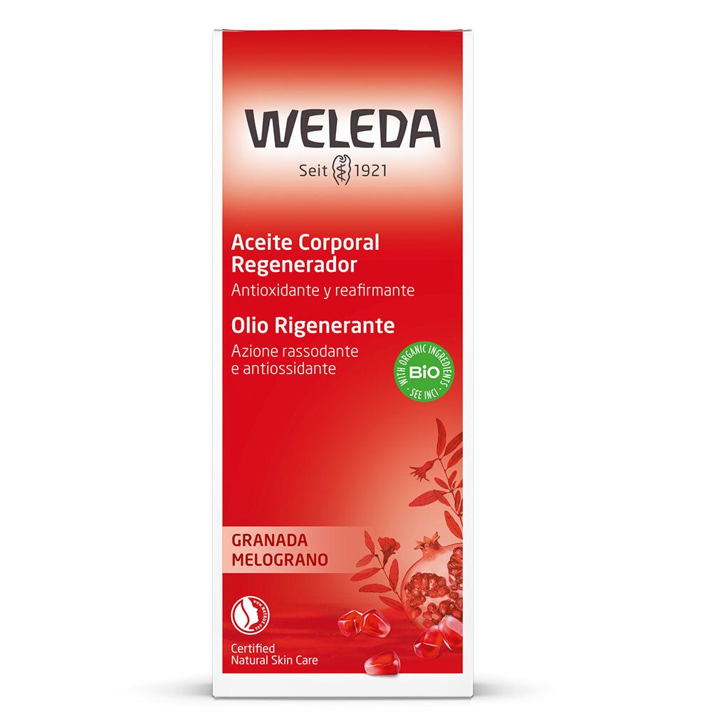 Confezione Weleda. Scatola rossa con nome e informazioni sul prodotto. Certificazione biologica.
