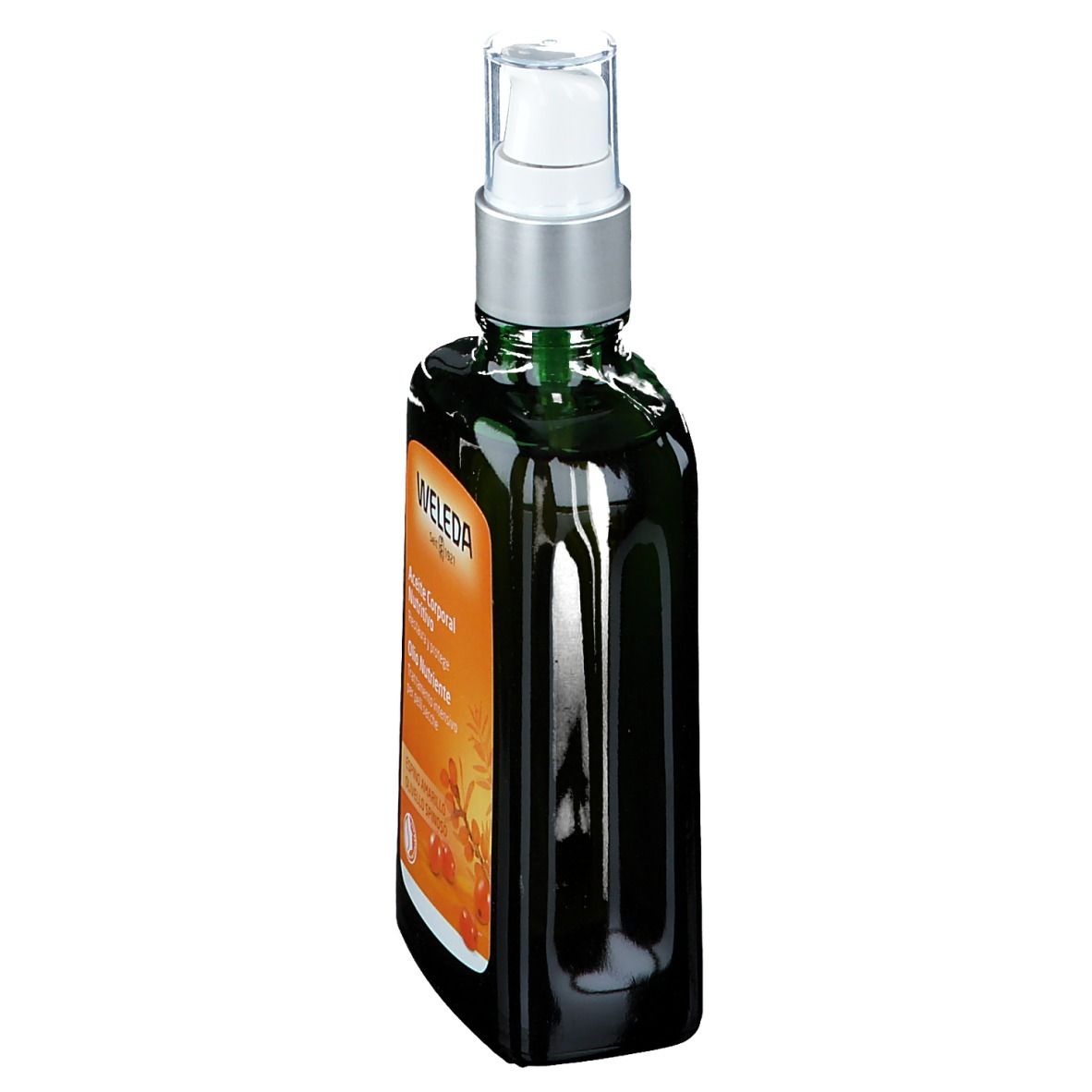 Flacone verde Weleda con vaporizzatore. Vista laterale con informazioni sul prodotto.