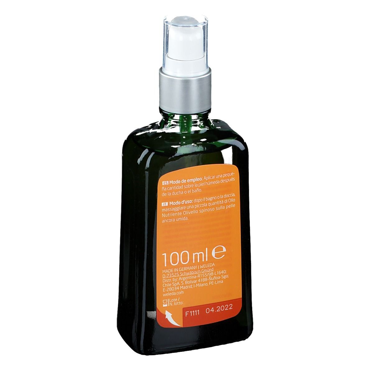 Flacone verde Weleda con vaporizzatore. Retro con informazioni, 100ml.