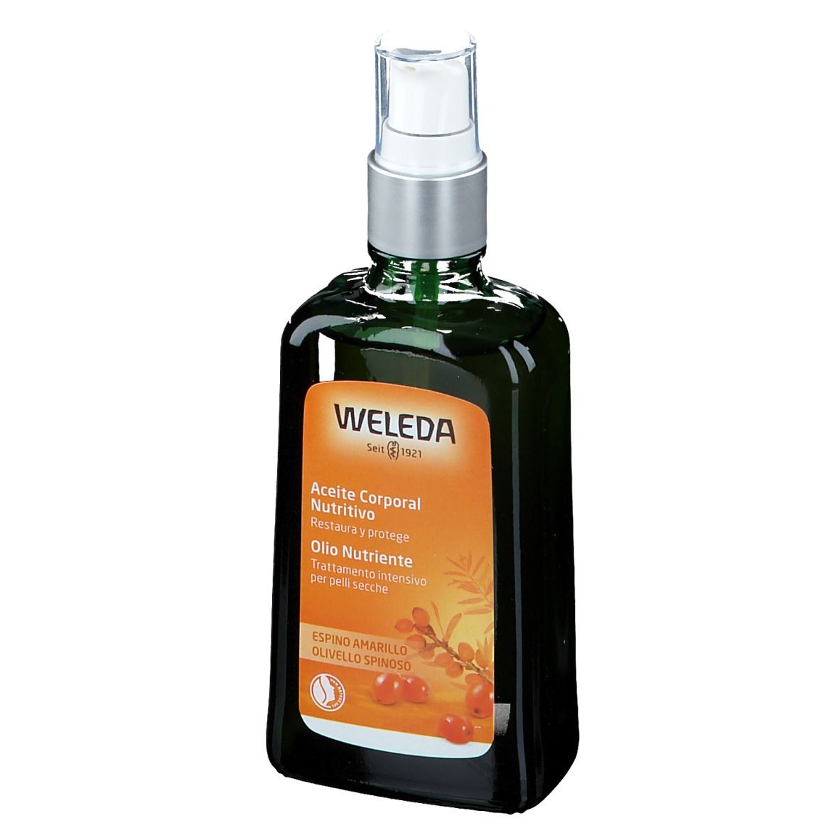 Flacone verde Weleda con vaporizzatore. Vista laterale con informazioni sul prodotto.