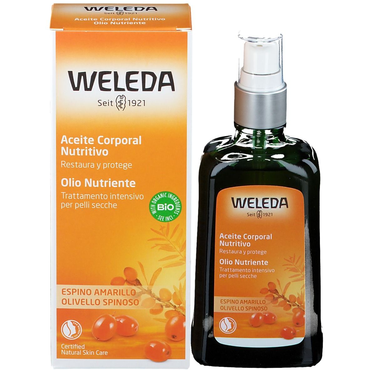 Flacone e confezione Weleda. Flacone verde con vaporizzatore e confezione.