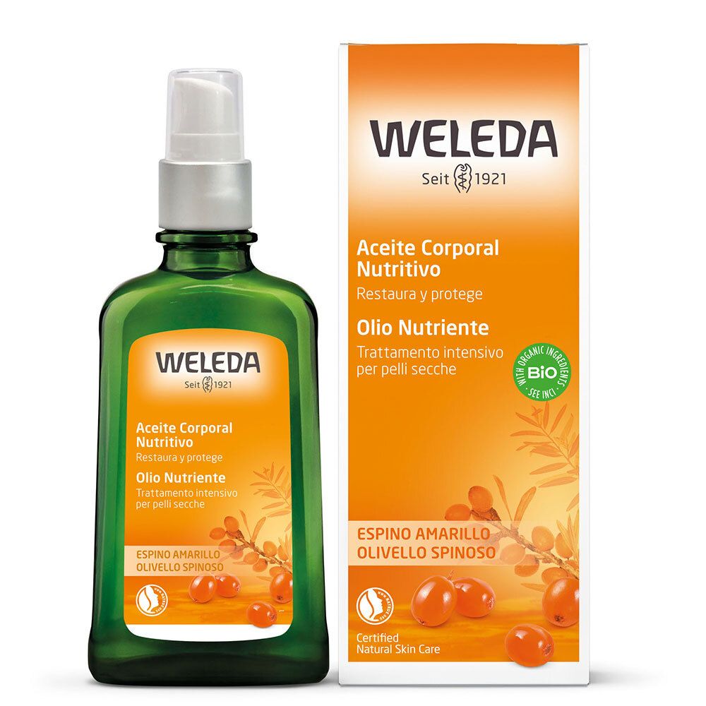 Flacone e confezione Weleda. Flacone verde con vaporizzatore e confezione arancione.