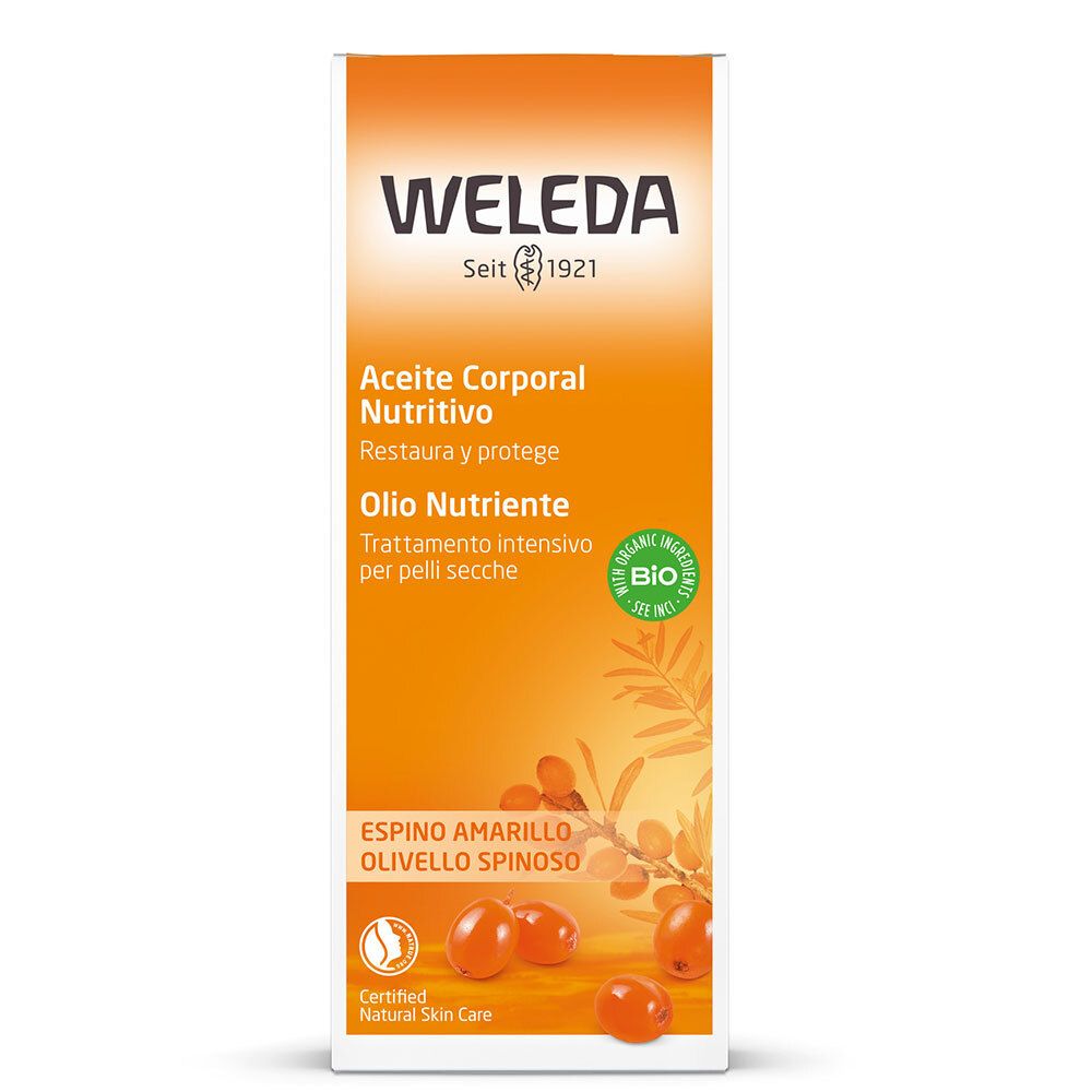 Confezione Weleda. Scatola arancione con informazioni sul prodotto e logo.