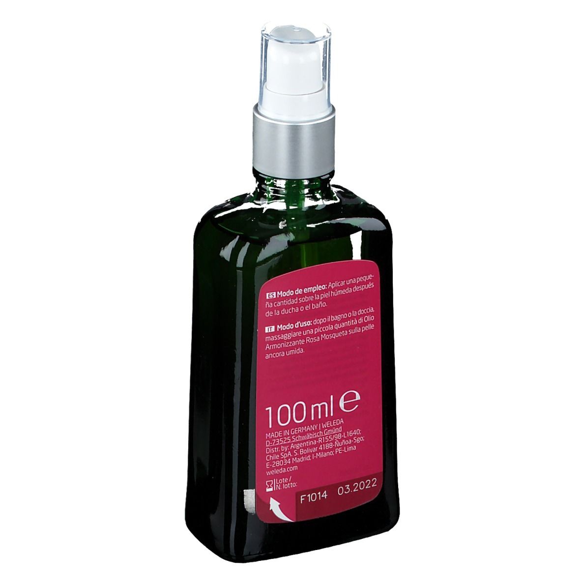 Weleda-Flasche. Grüne Glasflasche mit Sprühkopf. Rosa Etikett mit Produktinformationen.