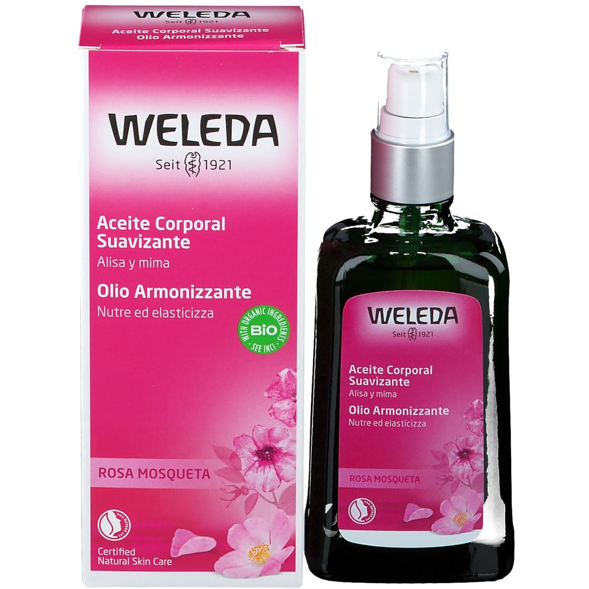 Weleda-Flasche und Verpackung. Grüne Flasche mit Sprühkopf. Rosa Verpackung mit Produktinformationen.