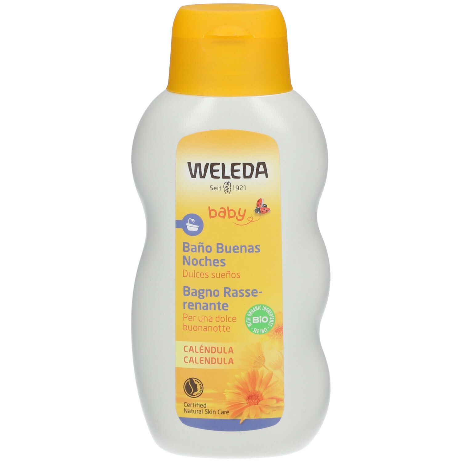 Flacone bianco Weleda Baby con tappo giallo. Etichetta gialla con testo: Baby, Baño Buenas Noches, Calendula. Certificazione Bio.